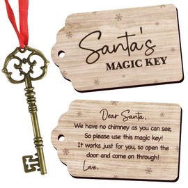 GEBETTER Bronze Santa's Magic Key Kit Father Christmas Eve Tradition No Chimney Handmade with Double-sided Wooden Plaque and Envelope Christmas Eve Box Fillers for Kids