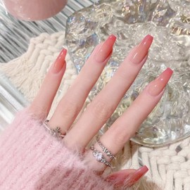 MERVF Coffin Press on Nails Long Fake Nails Ombre French Tip Ballerina Glue on Nails with Designs 24pcs Pink Glossy Acrylic Nails for Women