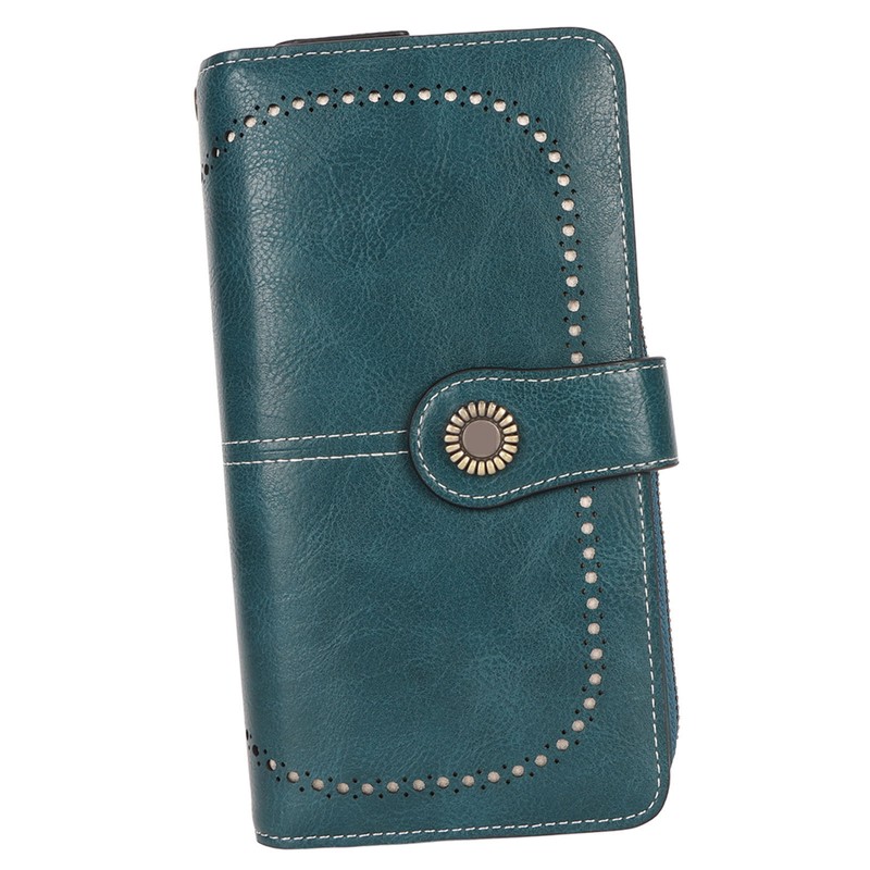 RFID Blocking Leather Wallet Large Capacity Double Snap Button Women