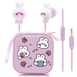 DTMNEP Cute Rabbit Kids Earbuds for School, Earbuds for Kid Size Wired Earphones & in-Ear Headphones with Microphone and Lovely Earbuds Storage Case Gifts for Girls and Boys (Pink)