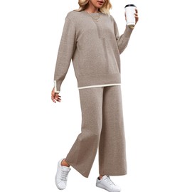 SuperPrity Lounge Sets for Women Fall Fashion 2024 Two Piece Outfits Long Sleeve Knit Top Wide Leg Pants Matching Sweater Set-S,Khaki