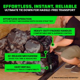 Rhino USA Rhino USA E Track Retractable Ratchet Tie Down Straps - 3033lb BreakStrength - Only for E Track Rail Systems. 4 Premium 2" x10' eTrack Tie Downs-Heavy Duty eTrack Cargo Strap System for Trailer-Black