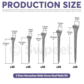 Swpeet 130Pcs 5 Sizes E2 E3 E4 E5 E6 Steel Horseshoe Nails Assortment Kit, 1.6" 1.7" 1.8" 2" 2.1" Horse Hoof Nails Horseshoe Tools Fix Horse Nail Palm for Horse Race Horse Horse Training