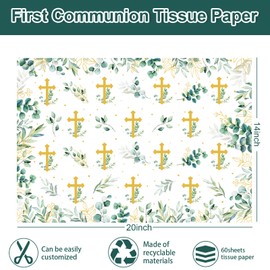 JarThenaAMCS 60 Sheet First Communion Tissue Paper Greenery Gold Cross Gift Wrapping Paper Art Paper for DIY Crafts Newborn Christening Baby Shower Party Supplies, 14 x 20 Inch