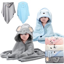2 Pcs Toalla de Baño con Capucha, Toallas Super Absorbentes para Niños, Bonita Toalla de Baño para Niños con Forma de Animales,Lavable a Máquina80 x 80 CM (Elefante Gris + Cachorro Azul)