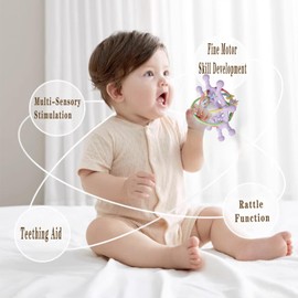 Busy Rattle for Babies, Food Grade Teething Toys for Babies 0 3 6 9 12 18 Months, Newborn Infant Learning Developmental Toys .Sensory Teether Toys,Toddler teether Soothes Teething Pain(Purple&Pink)