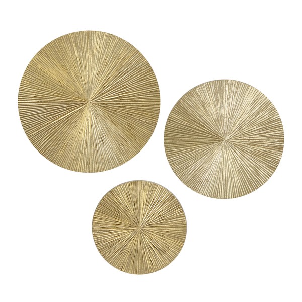 CosmoLiving by Cosmopolitan Wood Plate Carved Radial Wall Decor, Set of 3 24", 20", 16"H, Gold