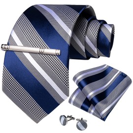 DiBanGu Men's Tie Set Silk Striped Checked Tie with Pocket Square Cufflinks Tie Clip Set for Wedding Formal, Blue and Grey