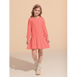 Haloumoning Girls Long Sleeve Dresses Sweatshirt Dress Kids Casual Crewneck Rib Knit Mini Dress 5-14 Years Bright Pink