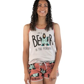 Lazy One Matching Pajamas for Women, Cute Pajama Shorts and Tank Top Set, Animal (Bear In AM, Large)