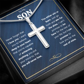 FG Family Gift Mall To My Son From Mom, Son Gifts From Mom and Dad, Mother and Son Necklace, Birthday Gift For My Son Graduation Christmas Faith Cross Necklace Present (Standard Box, Skies)