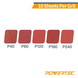 POWERTEC 4R13500, 50 Pack, 80mm x 133mm, A/O Hook and Loop Sander Pad | 40, 80, 120, 180, 240, Assorted Grits, Replacement for Festool RTS 400, Red