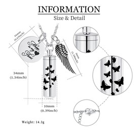 Cylinder Urn Ash Necklace for Women Men Butterfly Cremation Jewellery Ash Loved One Memorial Angel Wing Pendant, Stainless Steel, No Gemstone