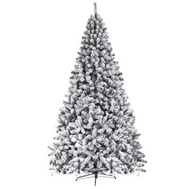 9FT Snow Flocked Christmas Tree, Artificial Pine Tree w/Premium PVC Needles & Solid Metal Stand, Xmas Full Tree for Indoor and Outdoor
