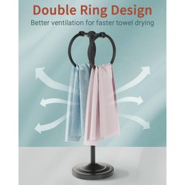 WZKALY 18" Hand Towel Holder Stand, Stainless Steel Free Standing Towel Rack Bar,Double Ring Towel Hanger with Weighted Base, Towel Hardware for Bathroom Vanity Kitchen Countertops(Matte Black)