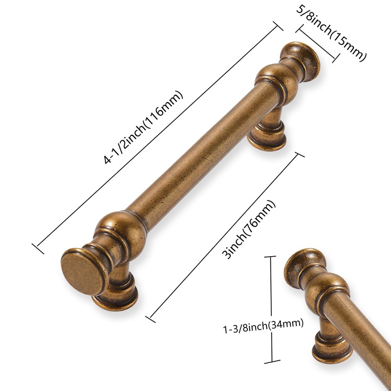 ZAUYX 2-Pack 3inch(76mm) Hole Center Antique Brass Cabinet Pulls Solid
