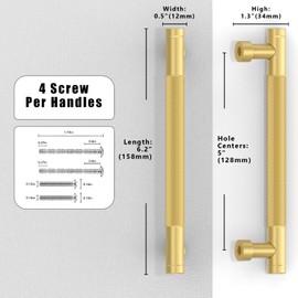 Talentedeco 10 Pack Brushed Gold Knurled Cabinet Pulls 5 Inch(128mm) Kitchen Cabinet Handles Cabinet Hardware for Drawer Pulls