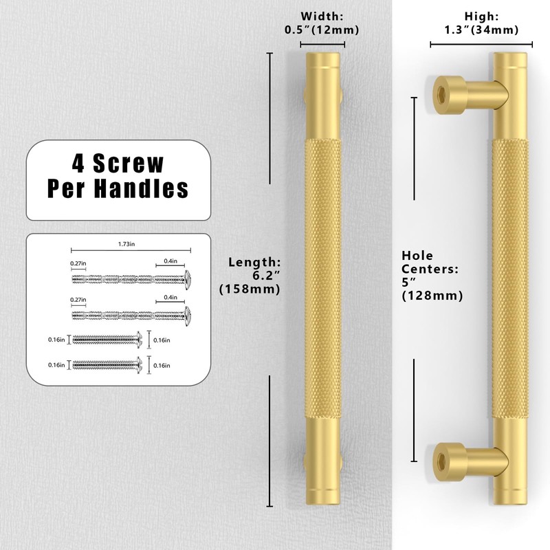 Talentedeco 10 Pack Brushed Gold Knurled Cabinet Pulls 5 Inch(128mm)