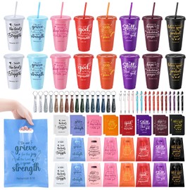 Ovveroche 16 Set Christian Gifts Bulk Plastic Cups with Bible Verses Pens Notebooks Keychains Bags, Inspirational Church Gift for Bible Study Volunteers Religious Events