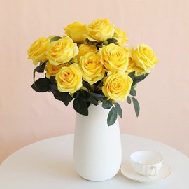 Jasion Artificial Roses Flowers 10 Heads Arrangement Silk Bouquet Glorious Meanings for Home Office Parties and Wedding Decoration (Yellow)