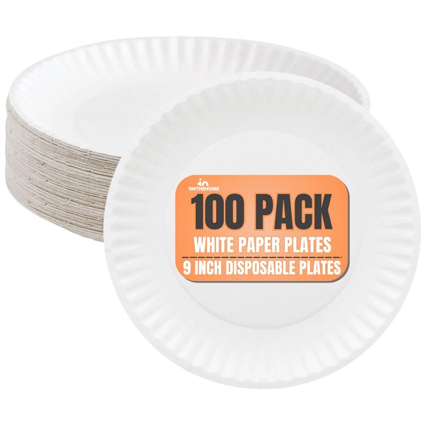 1InTheHome 9-Inch Disposable Paper Plates, White Paper Plates Bulk, 100-Pack