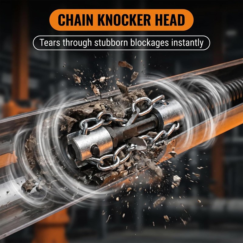 32.8 Ft Flex‑Shaft Sewer Descaling Chain, Rotary Cable Sewer Dredge
