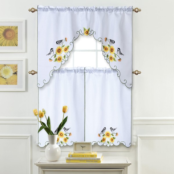 Marina Decoration Home Décor Privacy Drapery Light Filtering Rod Pocket Linen Look Lace Embroidered Kitchen Window Curtain Swag Valance and Tier Panel Set, Bird and Daisy Floral