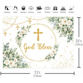 7x5FT Greenery God Bless Backdrop First Holy Communion Baptism Party Decorations Background White Floral Gold Glitter Christening Party Baby Shower Newborn Photography Banner