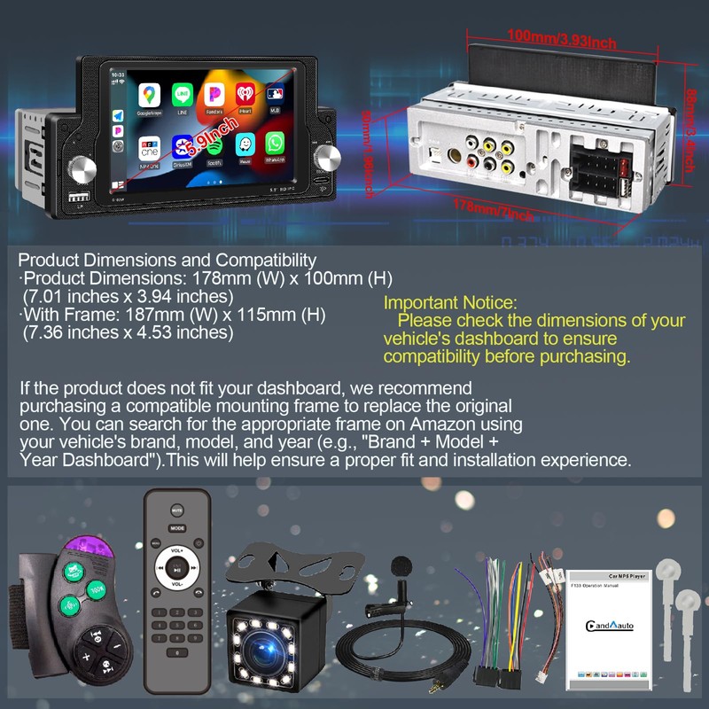 Wireless Apple CarPlay Single Din Car Radio,5.9 inch IPS Touch