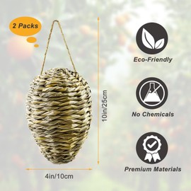 2 Pack Woven Reed Crochet Wasp Nest Decoy, Faux Hanging Wasp Hornets Hive Nests Artificial Fake Wasp Nest Decoy Decoration for Patio Eaves Yard Home, 10×4 Inch