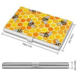 Niapessel Business Card Holder, Yellow Honeycomb And Bees Print Pocket Slim Portable Metal Business Card Case for Women Men, 3.7X2.2X0.3 Inch