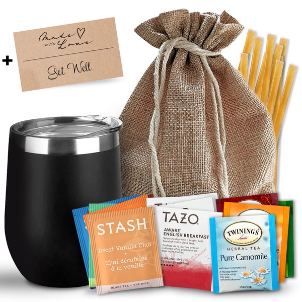 Bellina Tea Gift Baskets for Women and Men - Get Well Tea Care Package - Herbal Tea Gift Sets for Tea Lovers - Insulated Tea Cup, 20 Premium Teas, 10 Honey Straws, Gift Tag, Natural Gift Bag