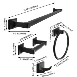 SENTO Cellar Classic Bathroom Accessories Set, Heavy Duty Metal Bath Hardware Set Wall Mounted, Includes Robe Hook, Standard Toilet Paper Holder, Towel Ring, 24” Towel Bar (4-Piece, Matte Black)