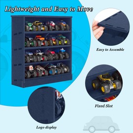 Felt Monster Trucks Display Case, Wall-Mounted Display Case Fit for Monster Trucks, 16 Slots Monster Trucks Storage Case, Groove Fixation Toy Truck Container Holder (Blue- New Version)