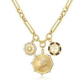 BriLove Chunky Gold Necklace for Women, Paperclip Chain Link Charm Trendy Circle Sun Flower Choker Pendants Necklaces for Summer Beach Accessories Hip Hop Gift Clear Gold-Tone