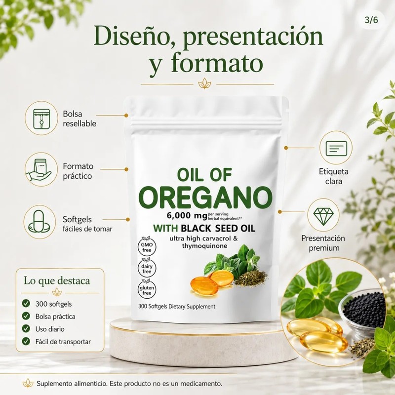 Aceite De Orégano Con Semilla Negra 300 Cápsulas 6000 Mg