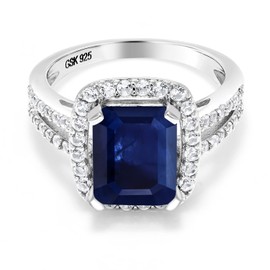 Gem Stone King 4.03 Cttw Blue Sapphire Engagement Ring For Women In 925 Sterling Silver | 10X8MM Emerald Cut | Available in size 5, 6, 7, 8, 9