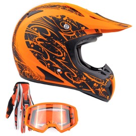 Typhoon Adult ATV MX Helmet Goggles Gloves Gear Combo Matte Orange w/Orange (XXL)