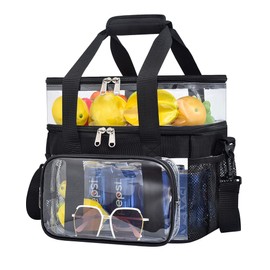 Jeluno Clear Lunch Bag - Large Clear Lunch Bag for Work Double-Deck Reusable Lunch Bag with Adjustable Strap, Front Pocket and Top Compartment for Picnic, Beach, Work, School（3-6 People Use）