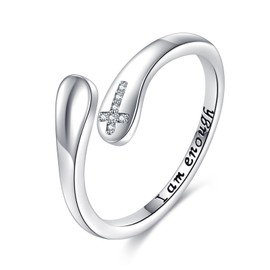 VONALA 925 Sterling Silver Inspirational Ring I Am Enough Rings Cross Ring Jewelry for Women Band Wide 7#