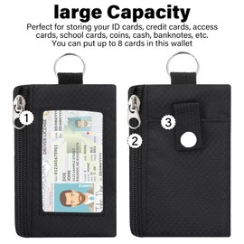 ZHOMA Minimalist RFID Wallet with Lanyard, Multi-Functional ID Case with 2 Zipper Pockets and Key Chain for Men and Women, Tactical Badge Pouch Cards Holder, Coin Purse for Travel Sports-Black