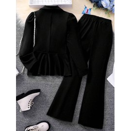 OYOANGLE Girl's 2 Piece Outfits Button Ruffle Hem Puff Long Sleeve Blazer and Flare Long Pants Set Black 8Y