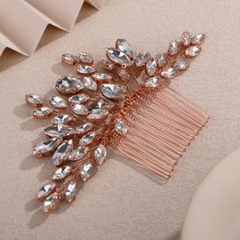 Teyglen Bridal Crystal Hair Comb Full Rhinestone Wedding Hair Comb Rose Gold Teardrop Hair Piece for Bride Wedding Hair Accessories for Women Bridal Headpiece (Rose gold)