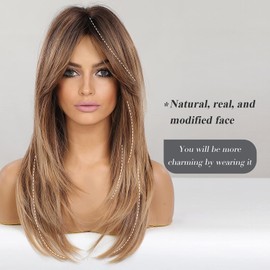 HAIRCUBE Long Wigs for Women, Ombre Brown to Blonde Synthetic Layered Hair Wig with Dark Roots