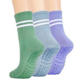 Zando Trainer Socks Men and Women Cotton Non-Slip Grip Socks Football with Three Stripes Yoga Tennis Socks, 3 pairs of light blue, purple, light green