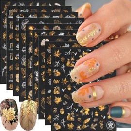 9 Sheets Fall Nail Stickers 3D Self-Adhesive Autumn Maple Leaf Nail Art Stickers Flower Leaves Tree Squirrel Design Glitter Gold Nail Decals Thanksgiving Nail Art Supplies for Women Manicure Tips