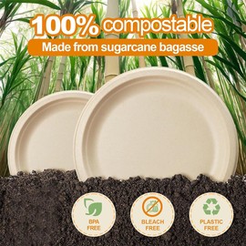 iDopick Compostable Paper Plates 9 Inch, 50 Pack Biodegradable Sugarcane Bagasse Disposable Heavy-Duty Plates, Eco-Friendly Unbleached Brown for Party, Wedding
