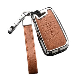Happyit Zinc Alloy Leather Car Key Covers for Volkswagen VW Passat B8 Arteon CC Magotan B5 Jetta Skoda A7 Variant 3 Buttons (Brown+Silver)
