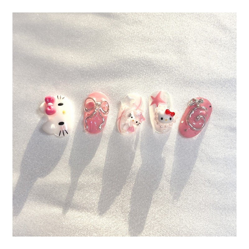 [Premium handmade embossed nail] Pink angel cat - Coffin Egg