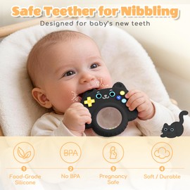 Silicone Baby Teething Toys for 0-6-12 Months, Kitten Remote Rattle Teether for Infant Gum Relief, No BPA Chew Toy for Infant 0-3-6-9-12, Easy-Grip Ring Gift for Travel & Bath